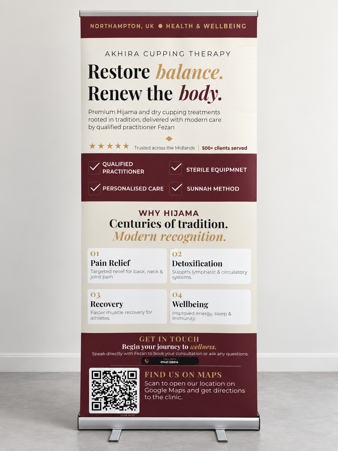 Cream and burgundy Akhira Cupping Therapy pull-up banner