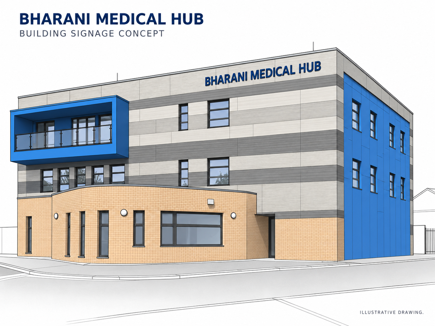 CAD-style signage concept of the Bharani building with grey cladding, blue balcony and curved brick frontage