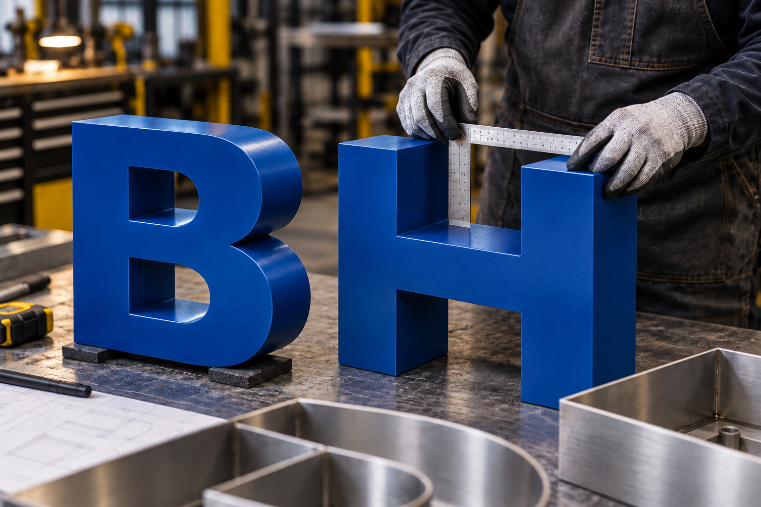 Illustrative workshop scene checking dimensional B and H sign letters with blue faces and blue sides