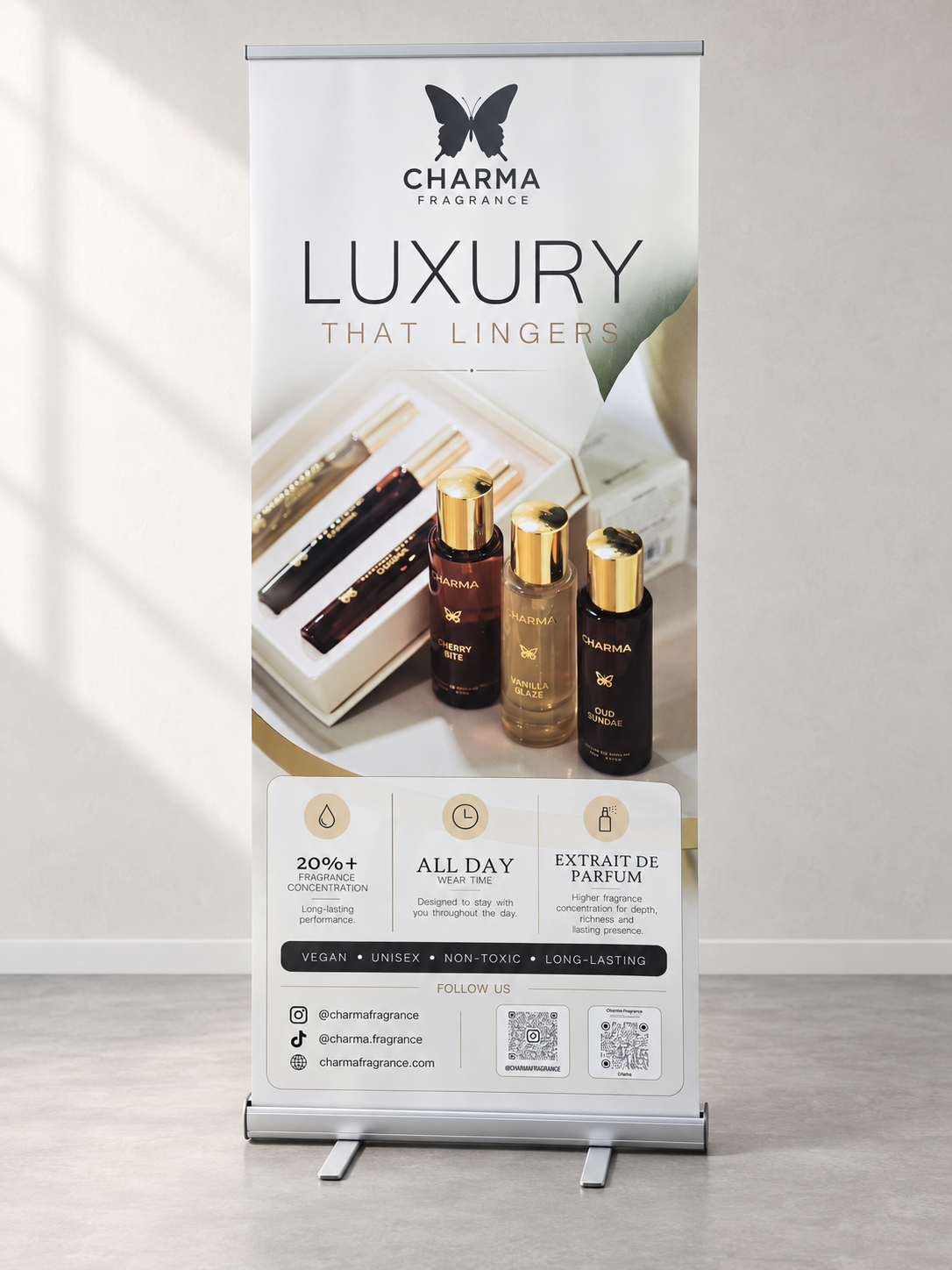 Charma Fragrance promotional roller banner on a retractable stand