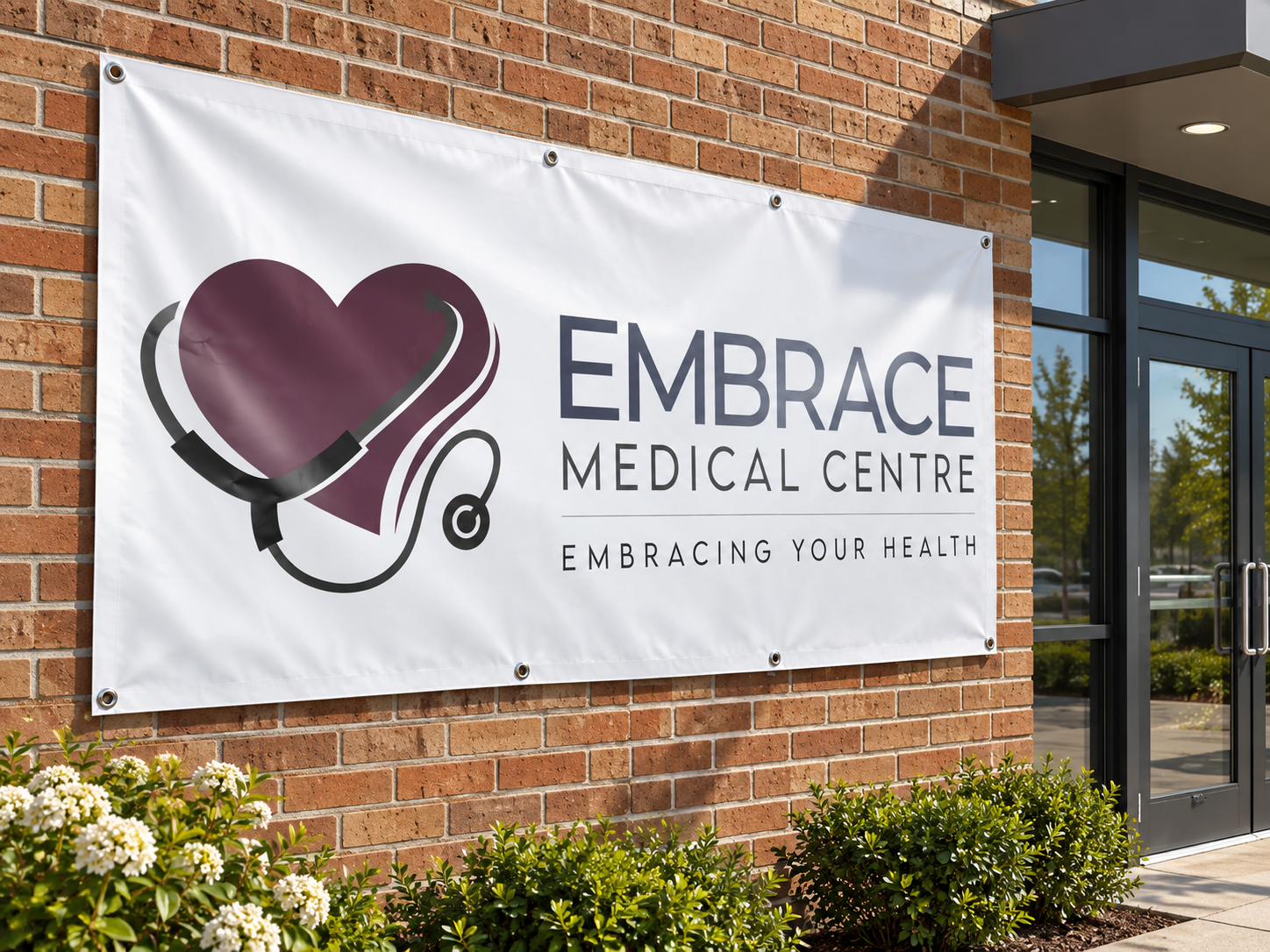 Embrace Medical Centre banner visualised on a brick exterior