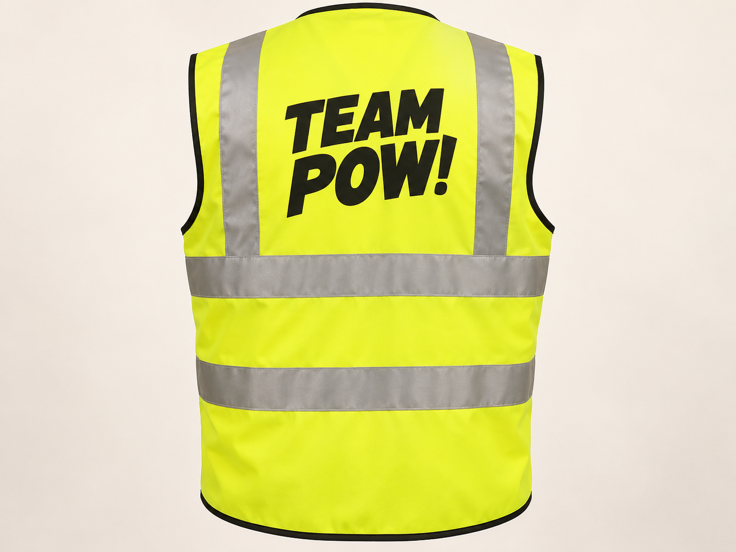 Yellow hi-vis vest with a black printed team name