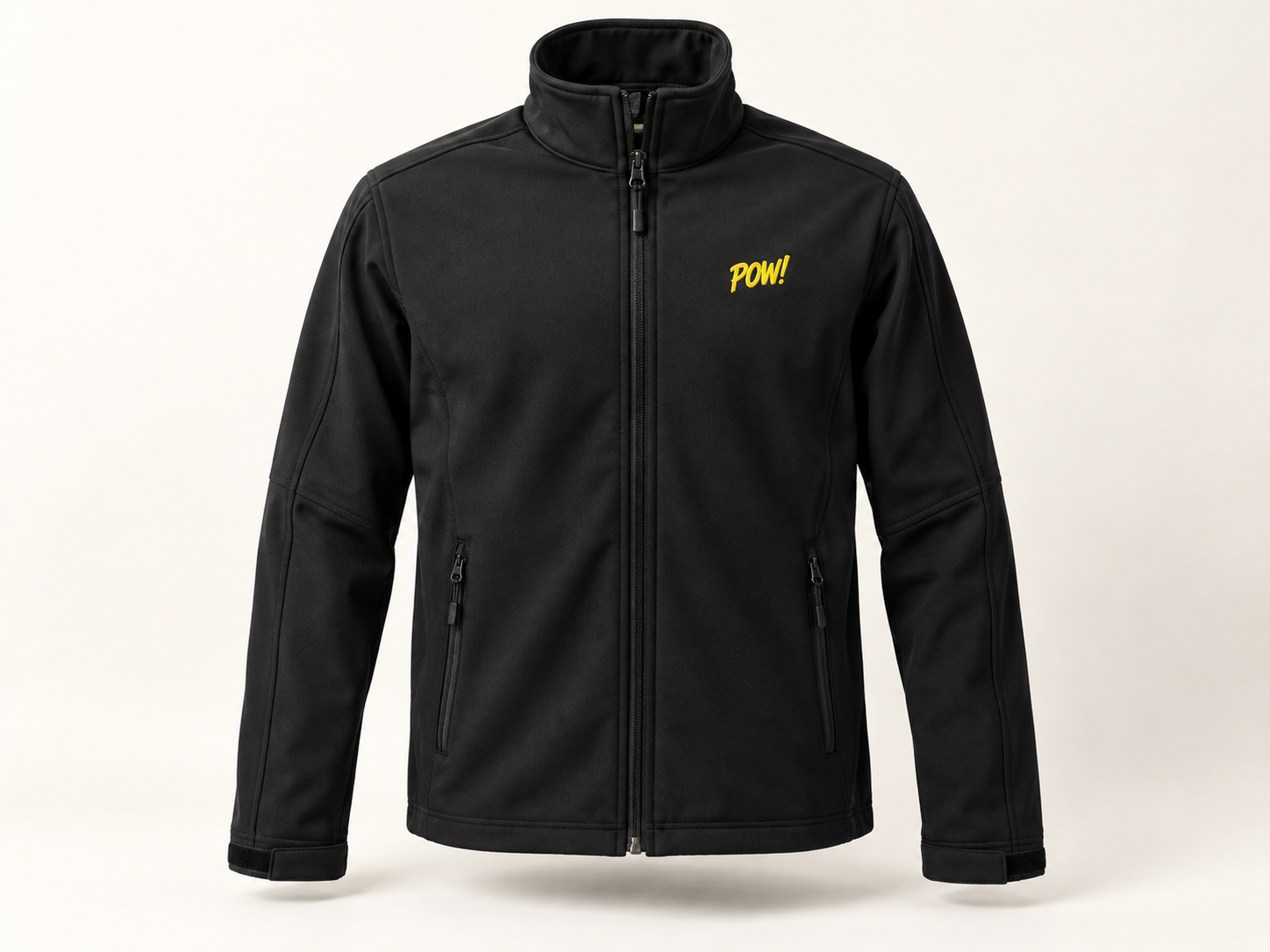 Black softshell jacket with a yellow embroidered chest logo