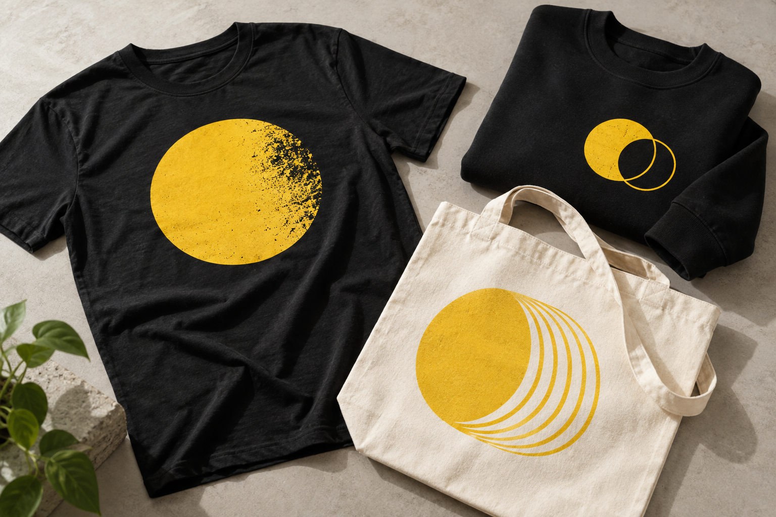 Illustrative printed T-shirt sweatshirt and tote