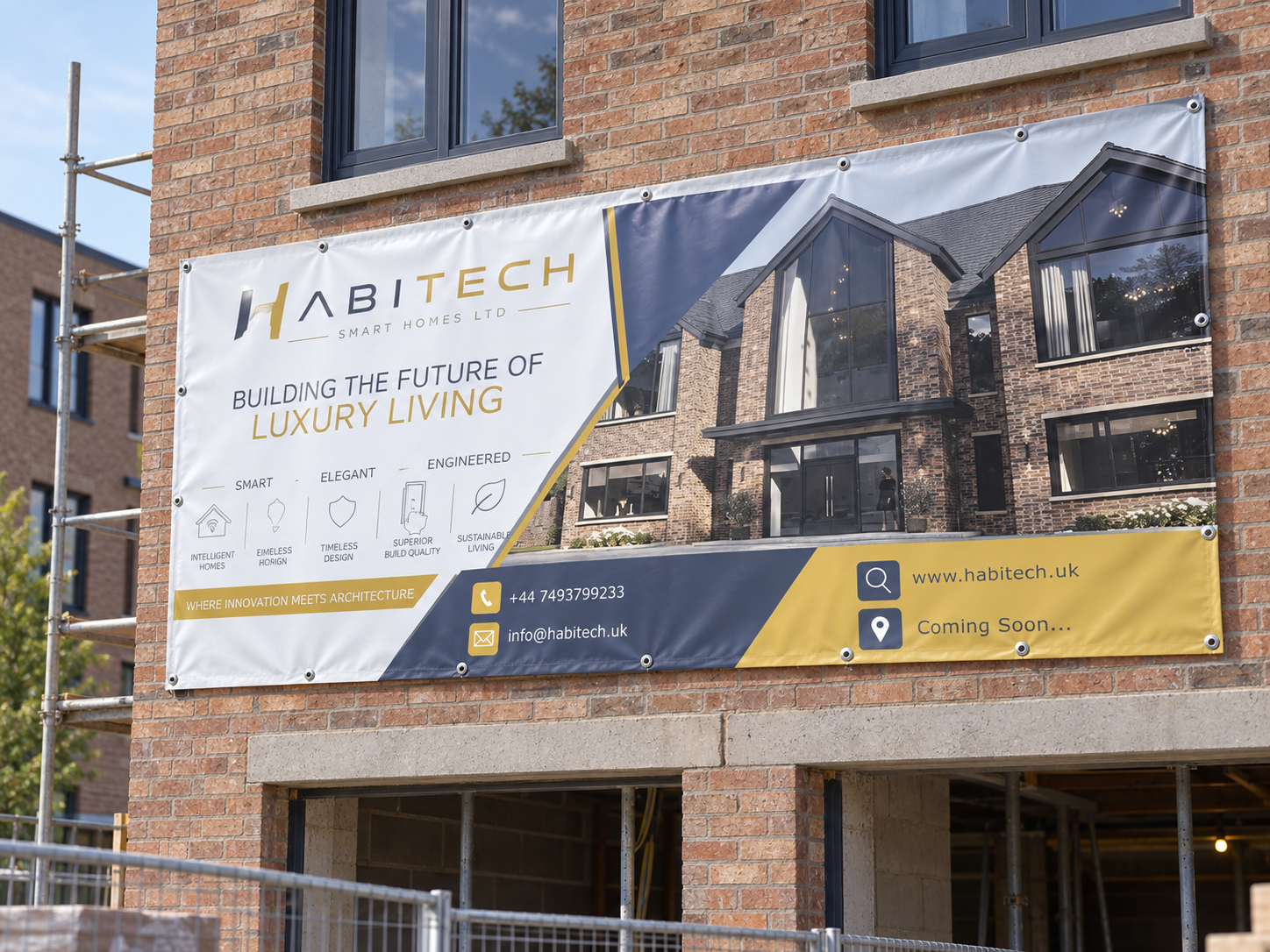 Visualisation of a Habitech outdoor banner fixed to a brick building