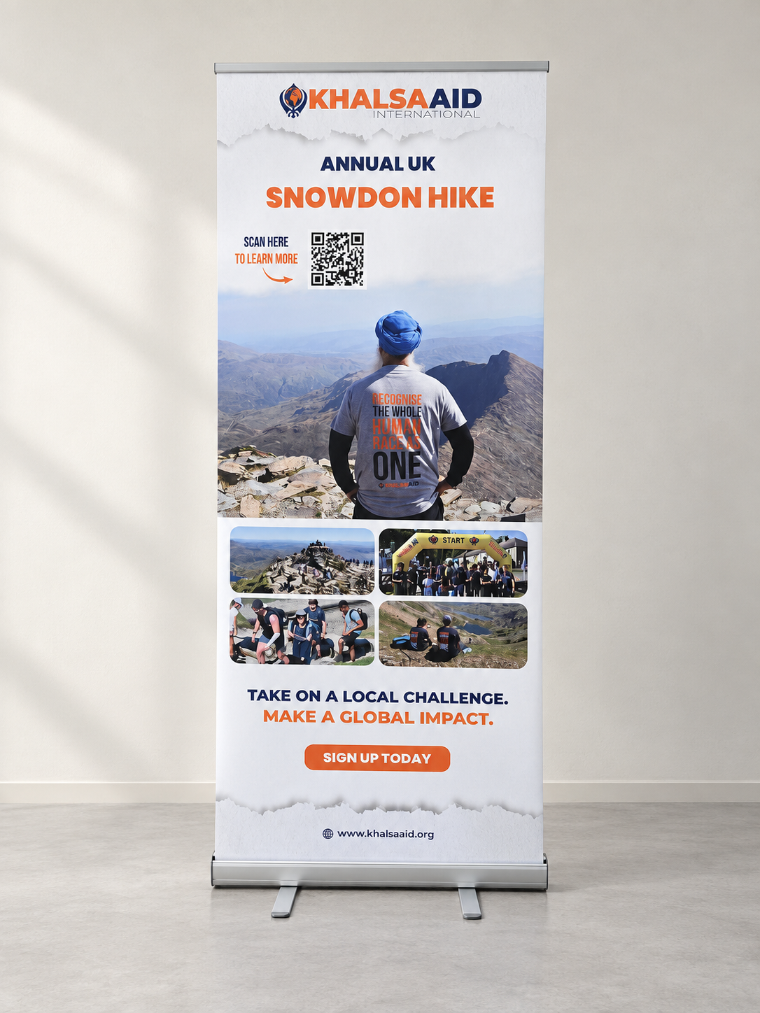 Khalsa Aid Snowdon Hike roller banner in a clean neutral setting