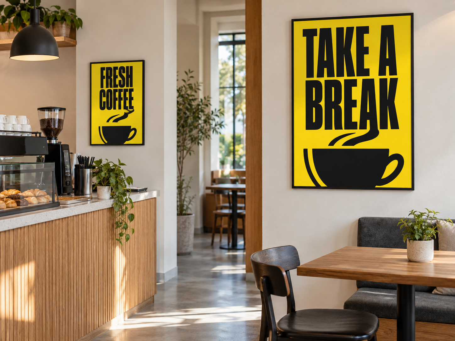 Yellow and black framed poster examples in a café