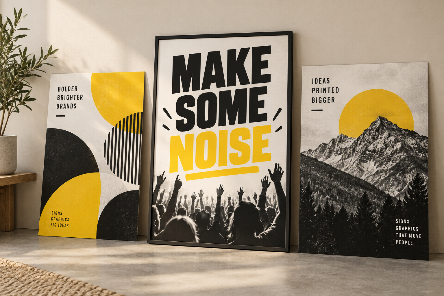 Illustrative yellow and black printed posters