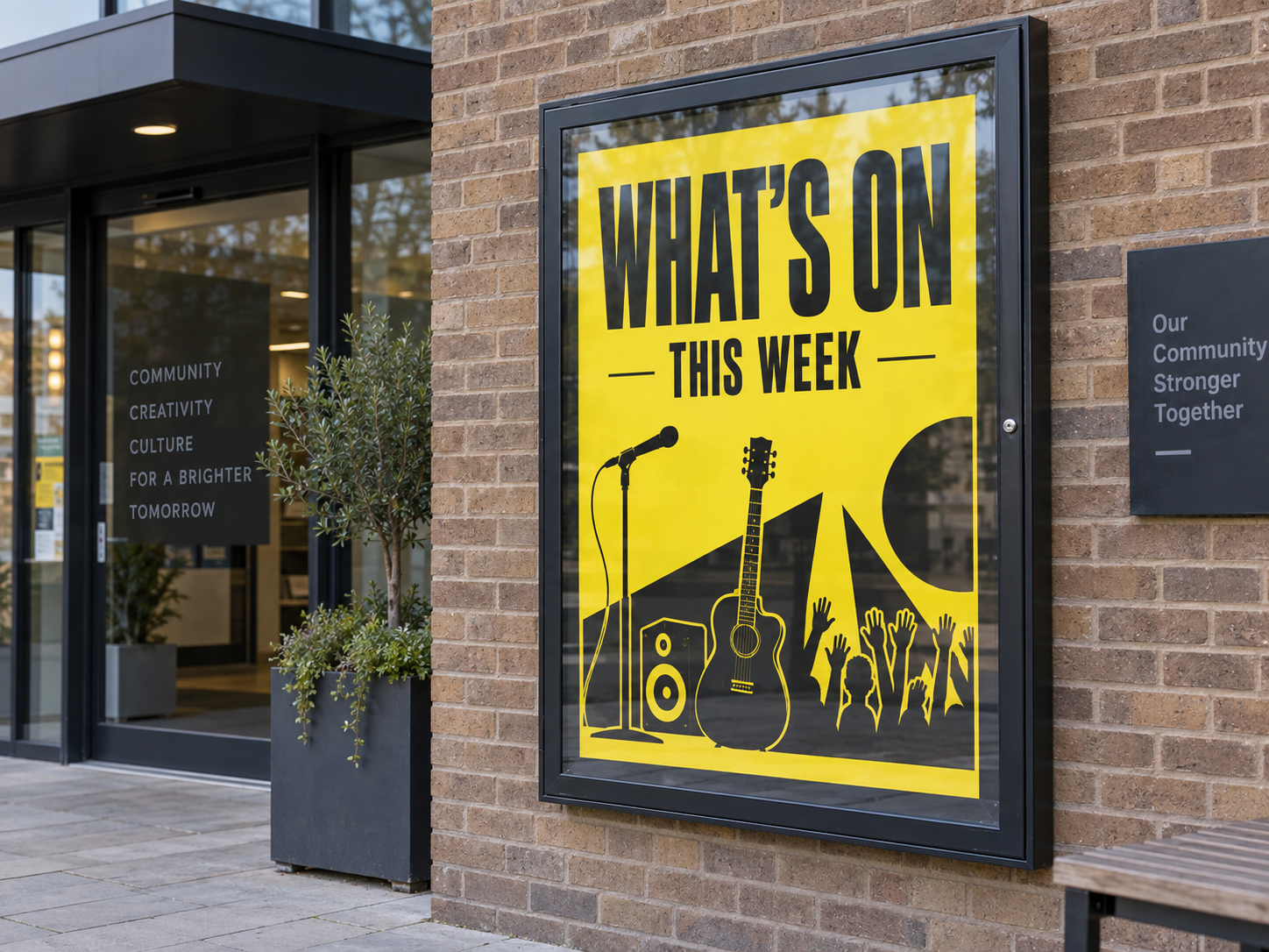 Yellow event poster in a protective outdoor display case