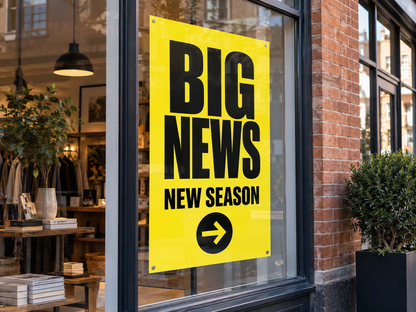 Large yellow promotional paper poster displayed inside a shop window