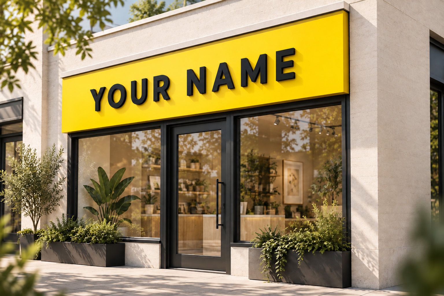 Illustrative yellow shop fascia with black dimensional lettering