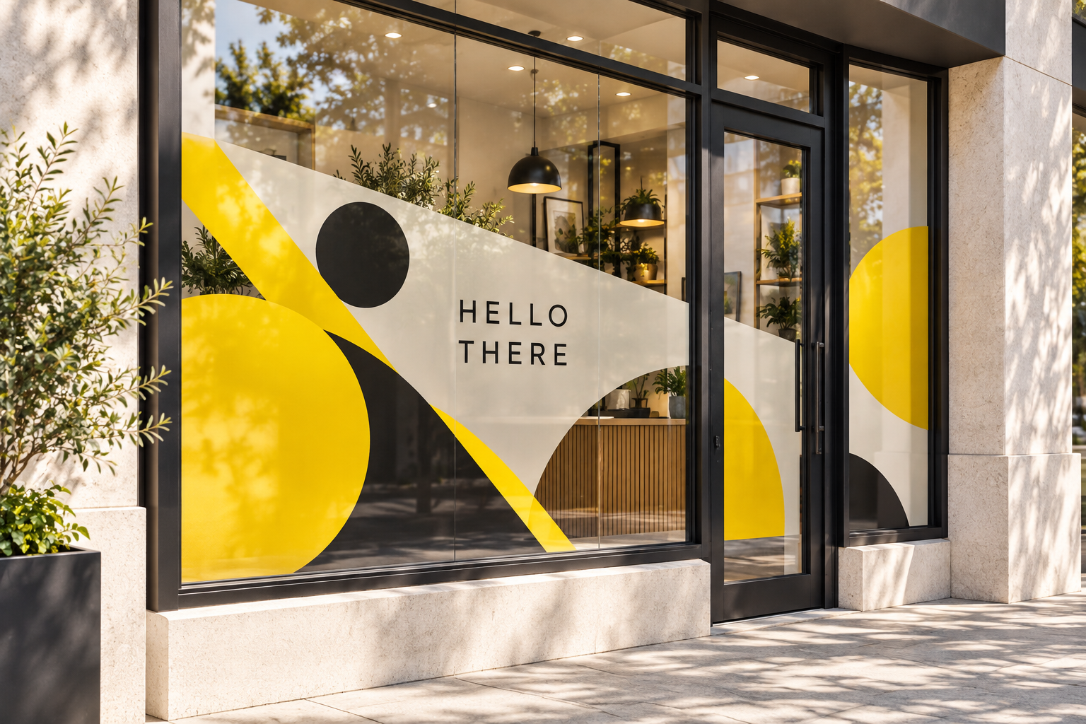 Illustrative yellow and black window graphics with frosted film