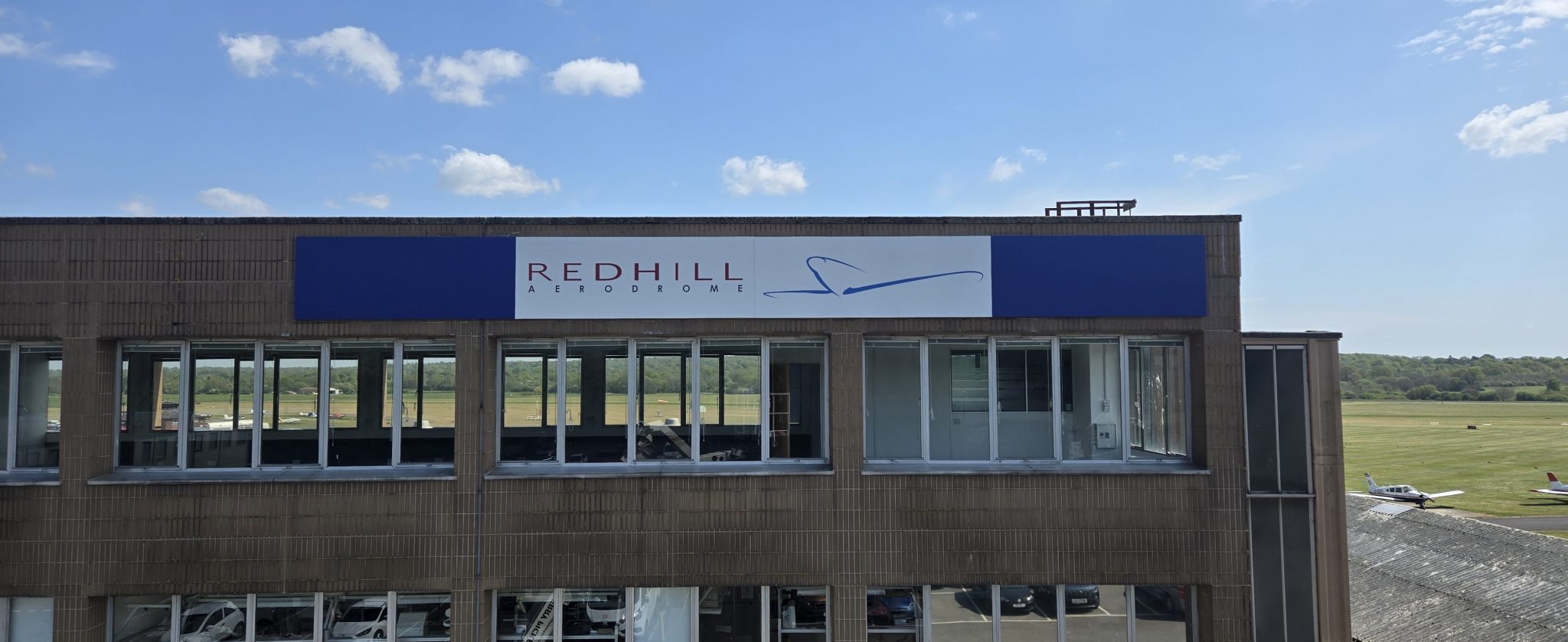 Completed 11-metre exterior building sign at Redhill Aerodrome in Surrey