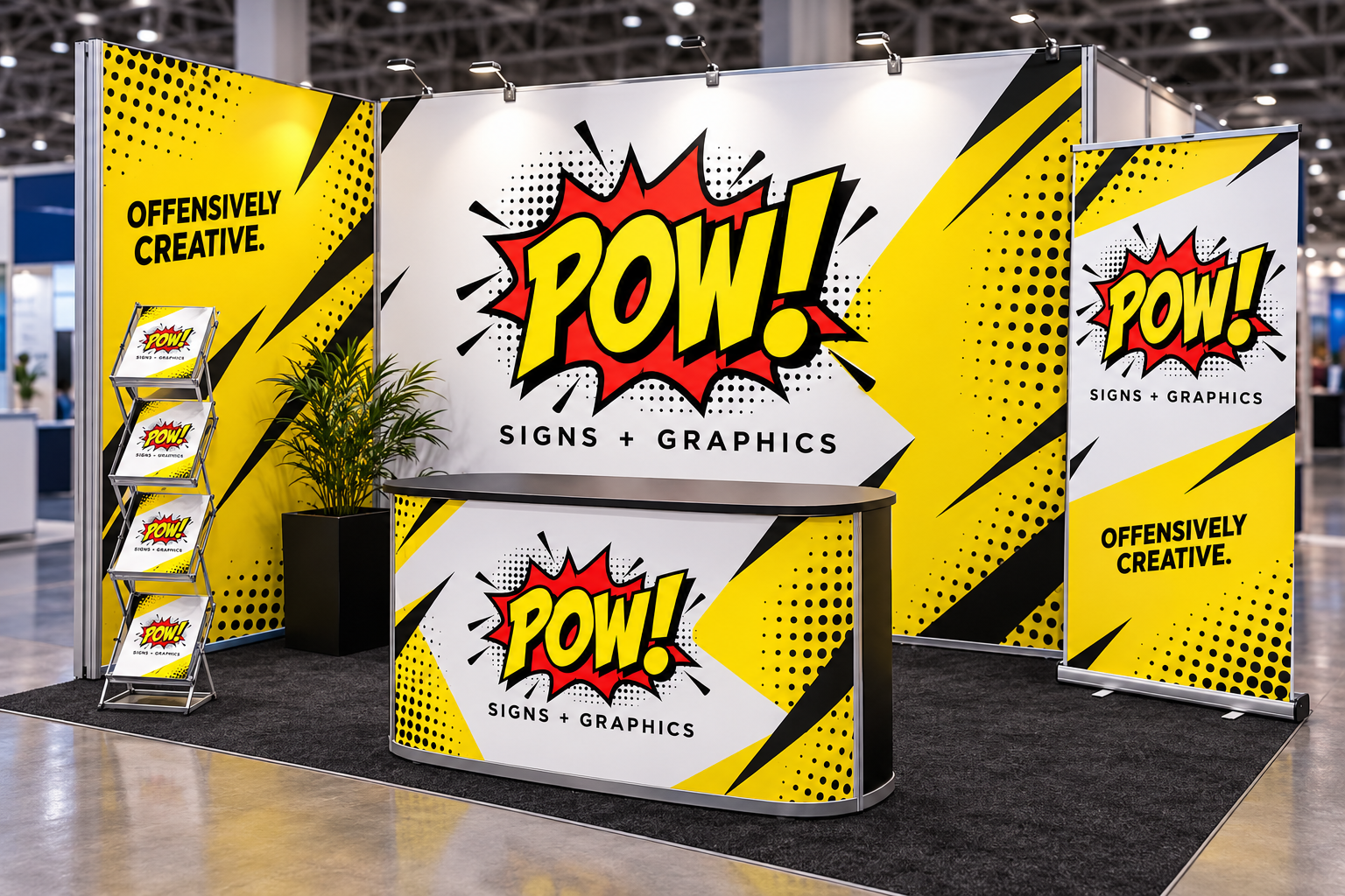 Illustrative POW-branded exhibition stand with printed backdrop, counter and roller banner